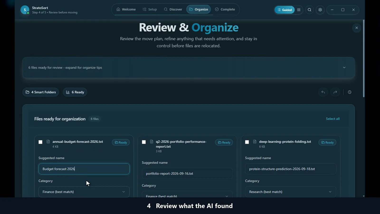 Review & Organize screen with suggested names and folders for each file